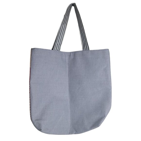 Unbranded Owl Tote Bag Canvas Patchwork Gray Striped Handles - Picture 4 of 7